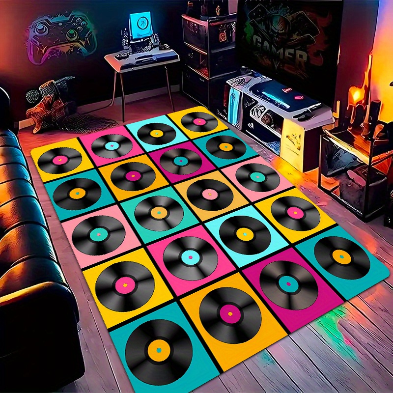 Retro Gaming Lounge - レトロなビニールレコード柄エリアラグ、ポップアート風カラフルな音楽テーマカーペット、ゲームルーム、スタジオ装飾、ラウンジ、寝室用大型フロアマット、ギフト