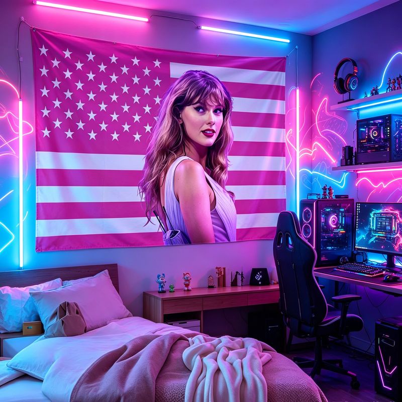 Retro Gaming Aesthetic - VIKAMA アメリカ国旗女性歌手プリントタペストリー、レトロネオン美的ウォールアート、ゲームルーム寮寝室家の装飾用