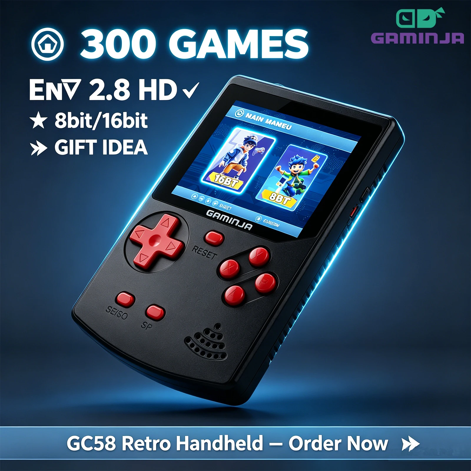 Retro Gaming Power Bank - GAMINJA ハンドヘルドゲームコンソール 300 クラシック 8 ビット/16
