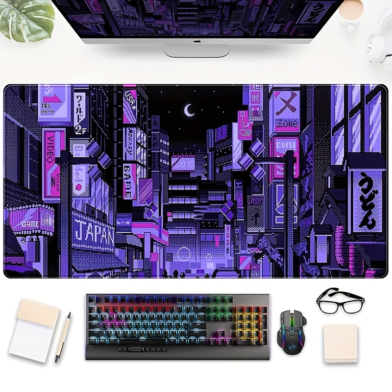 XXL 東京ストリートデスクマット、鮮やかなパープルレトロア - Retro Gaming Desk Setup のレビューと価格
