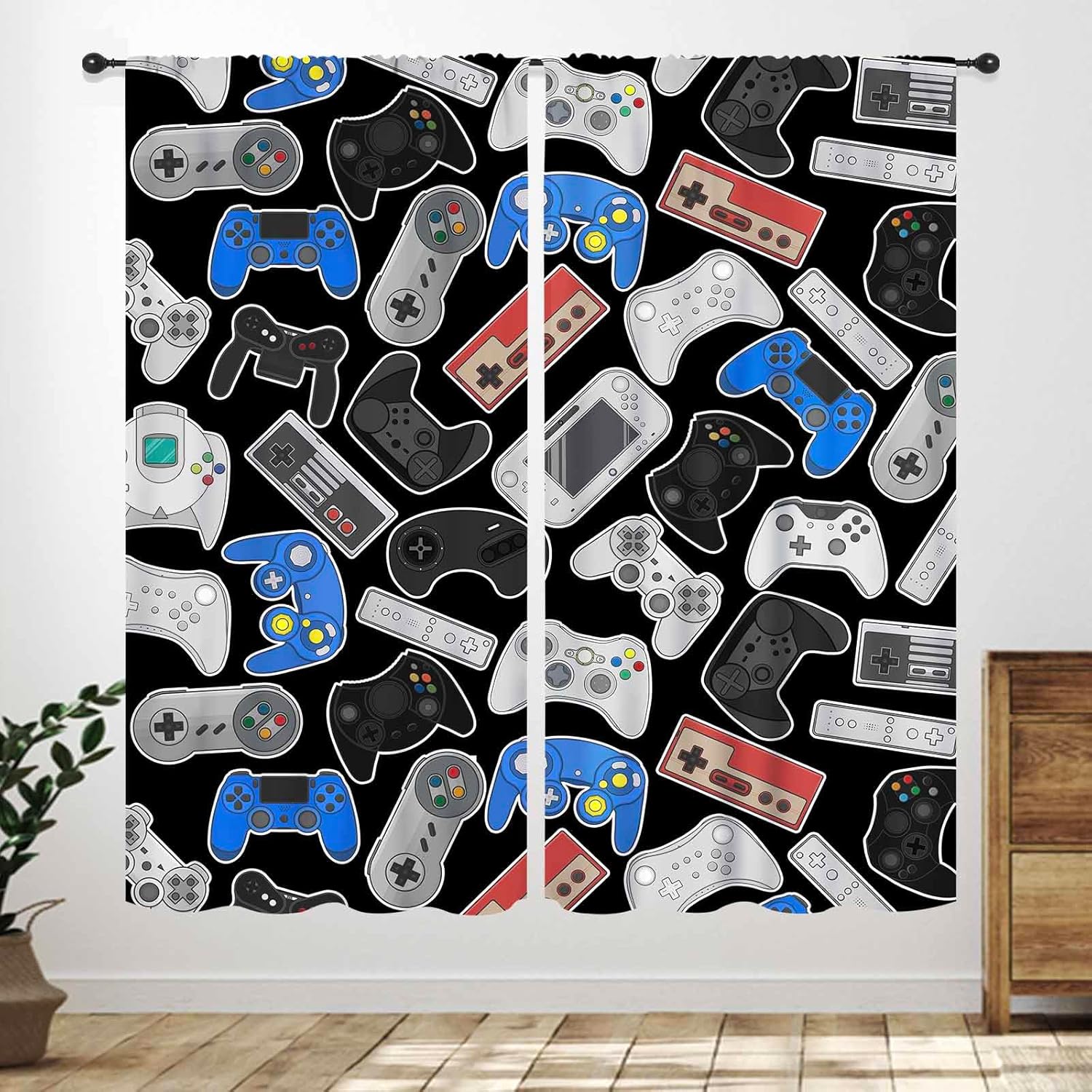 「レトロコントローラー」カーテン – 黒地にクラシックなゲー - Background Retro Gaming のレビューと価格